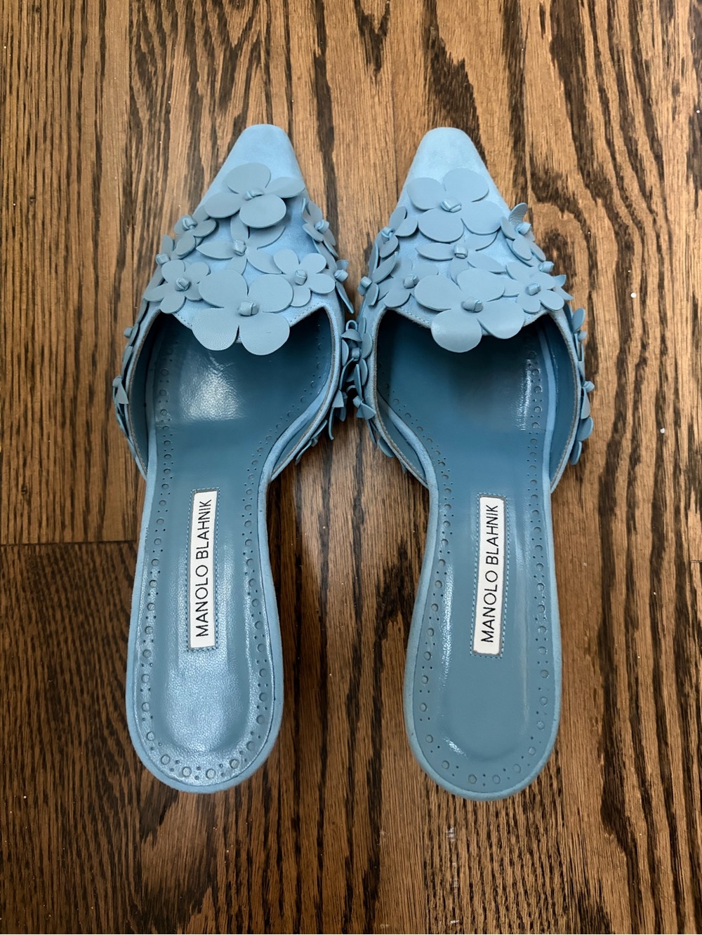 Manolo Blahnik Blue Floral Leather Harnes Mule